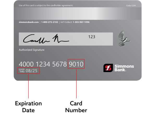 Back of credit card showing expiration date and card number