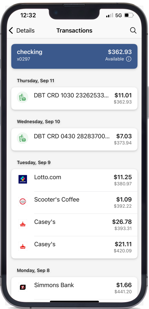 A mobile phone displaying the Simmons Bank Mobile Banking app